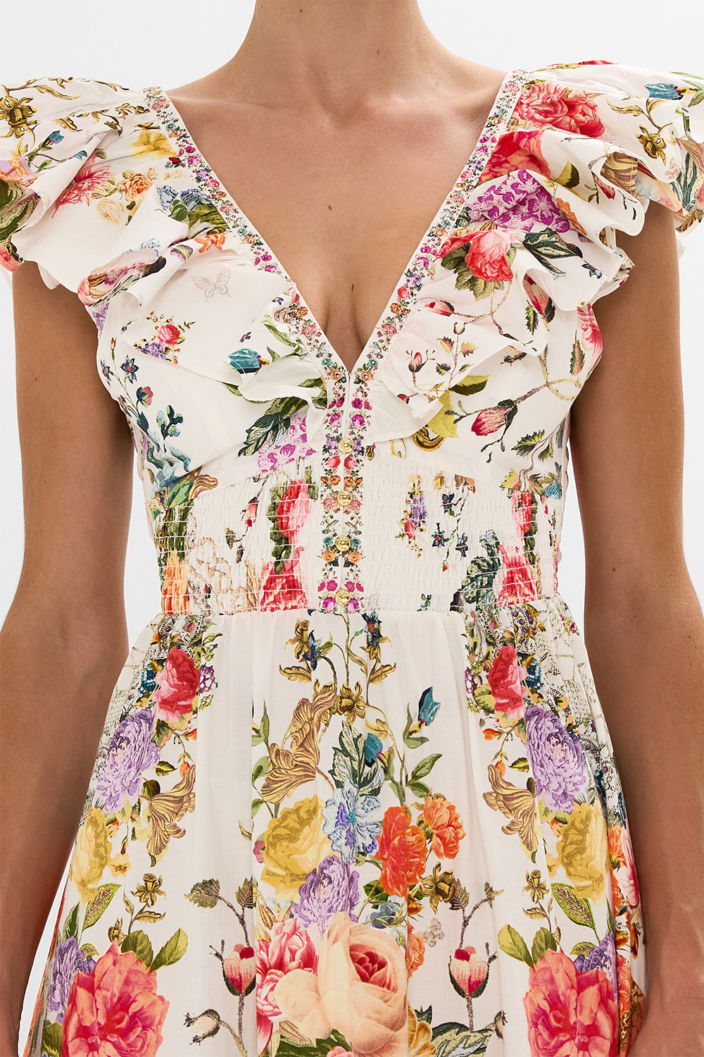 CAMILLA Floral Tiered Dress with Neck Frill in Sew Yesterday print