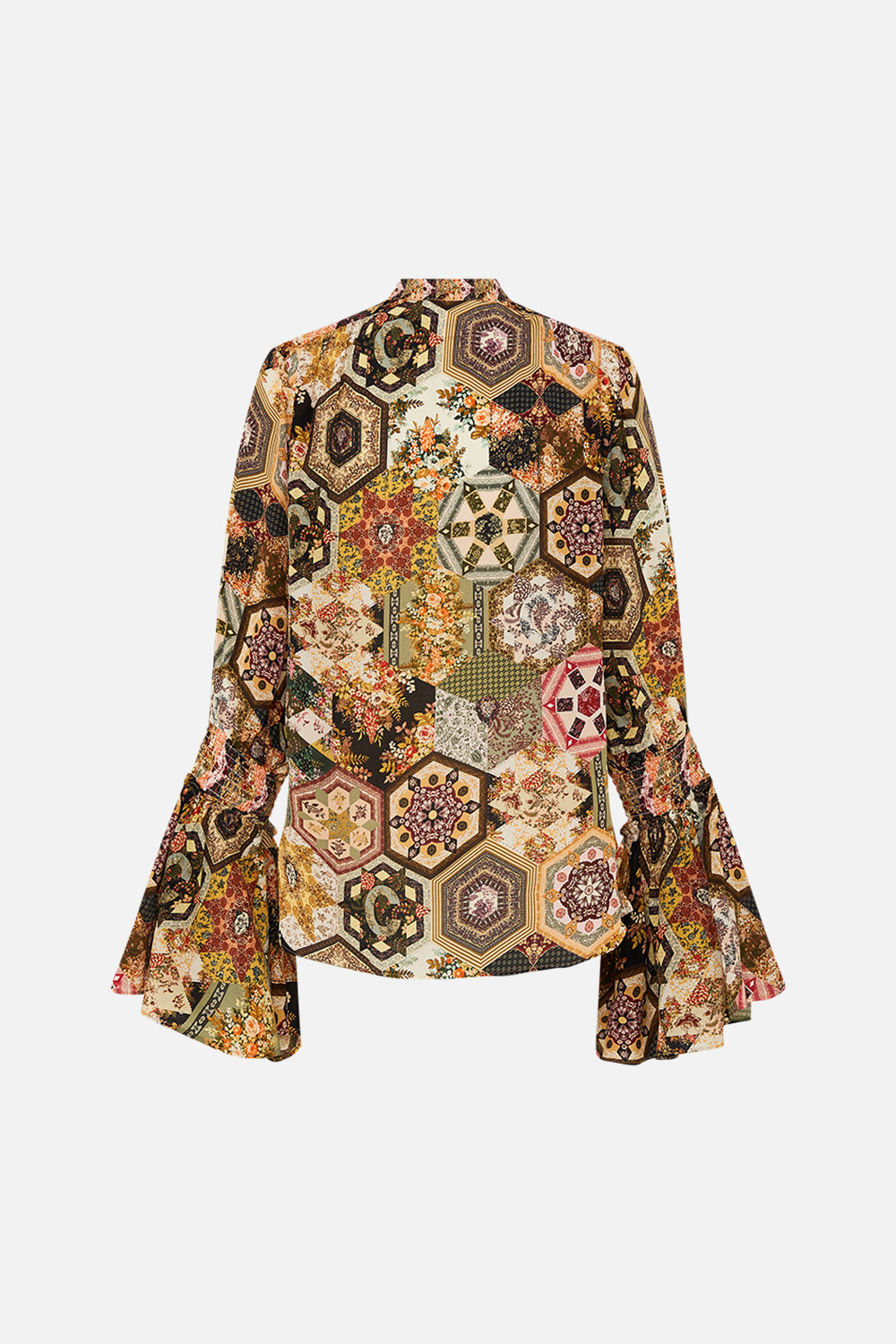 CAMILLA Floral Elastic Sleeve Tie Front Blouse in Stitched in Time print