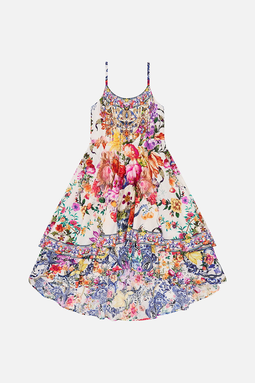 Front view of Milla By CAMILLA kids round neck floral dress in Dutch Is Life print