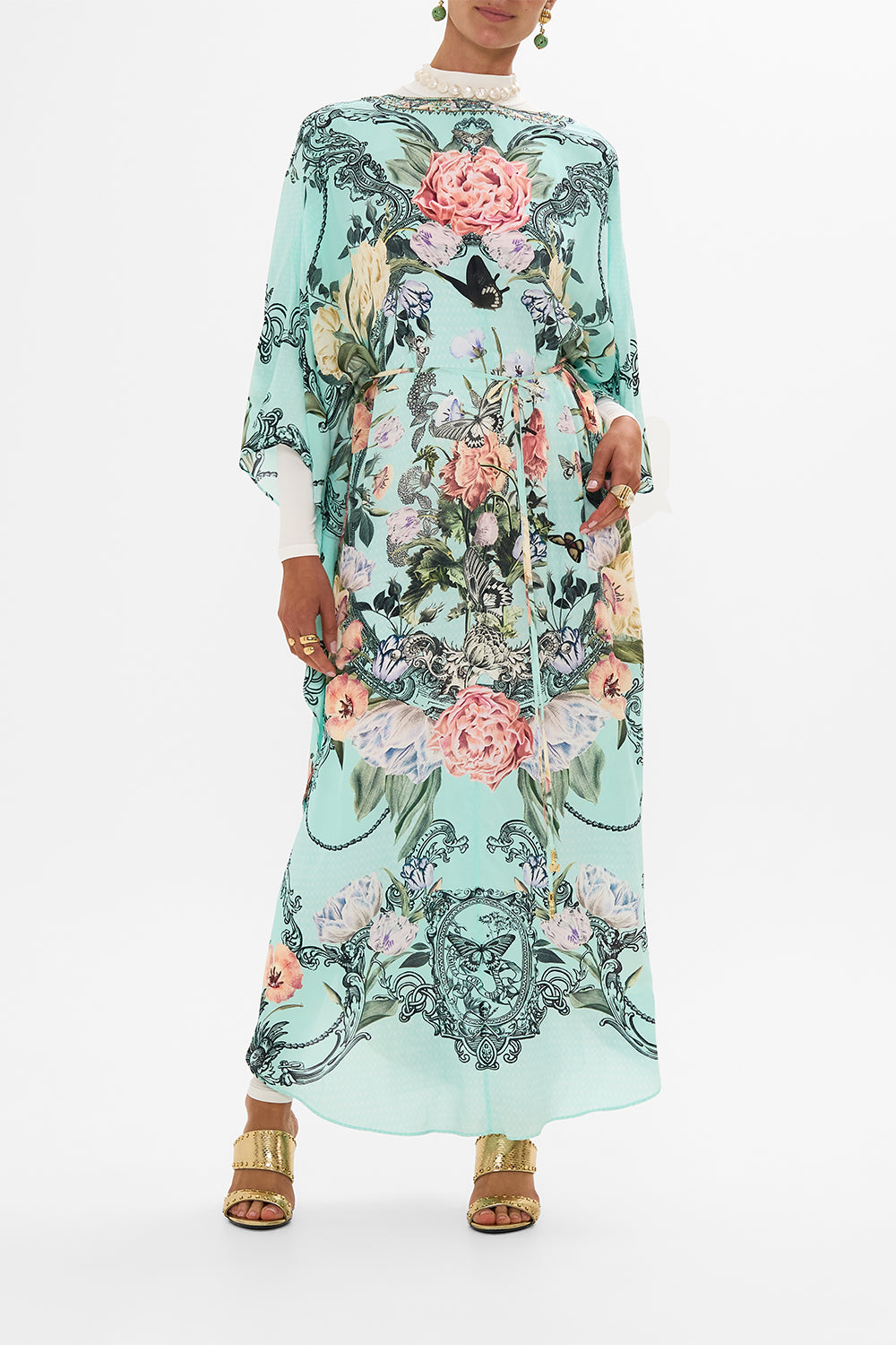 CAMILLA Floral Gathered Waist Kaftan in Petal Promise Land print