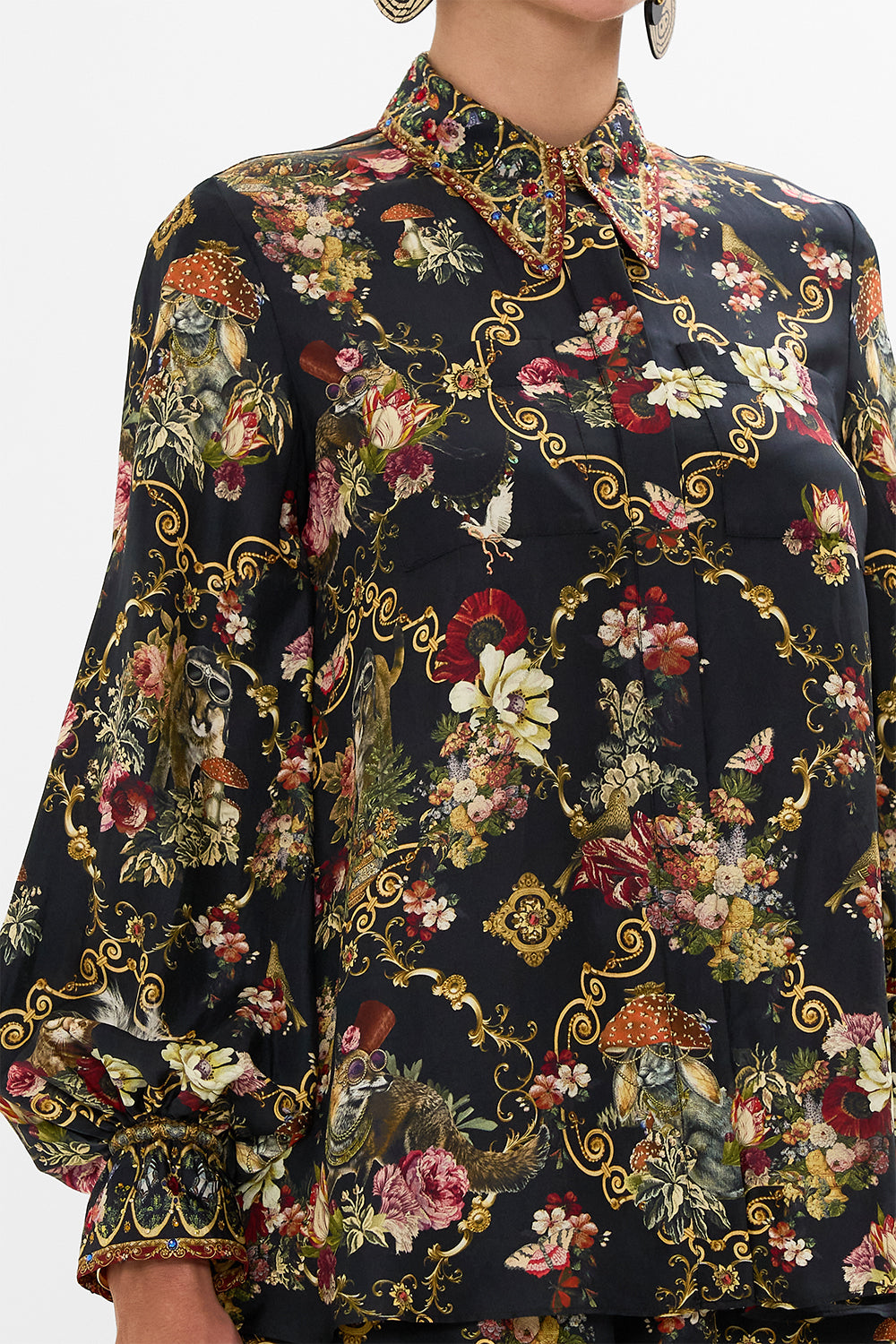 CAMILLA Floral Curved Collar Blouse with Pockets in Told in the Tapestry