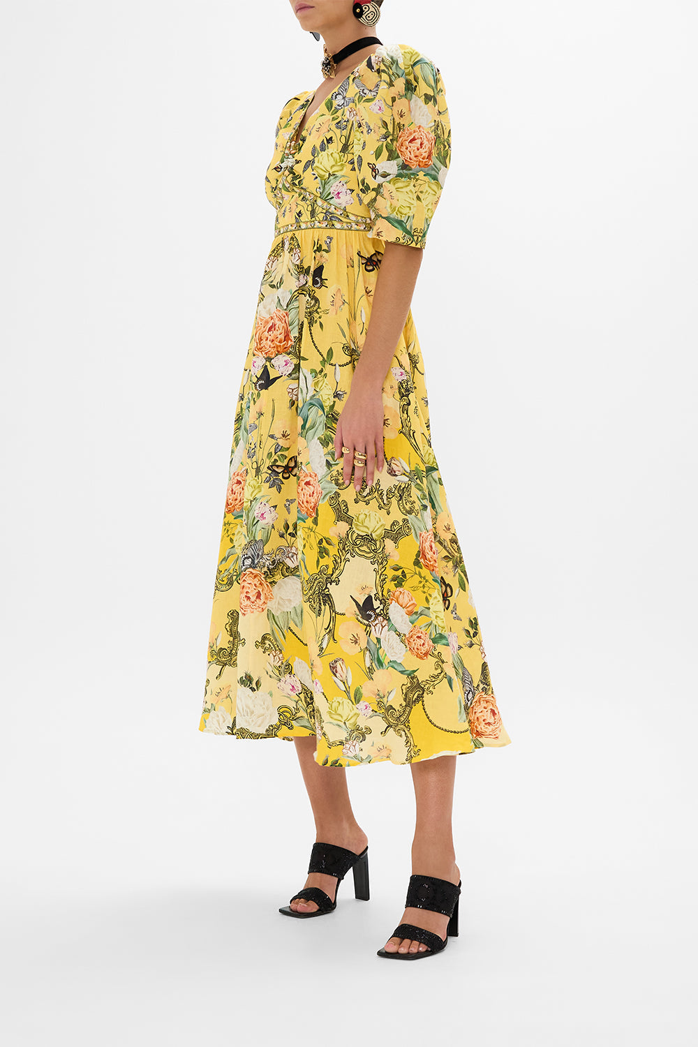 CAMILLA floral blouson blouse with neck tie in Stitched in Time print.