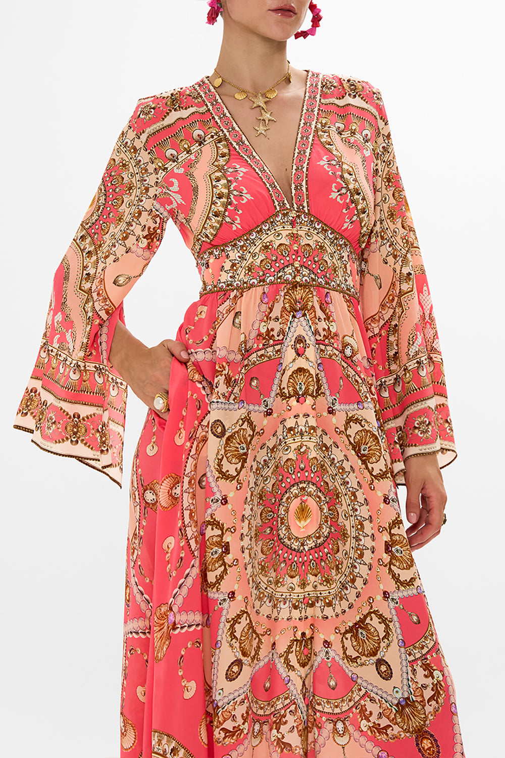 CAMILLA Pink Kimono Sleeve Dress with Shirring Detail in Shell Games