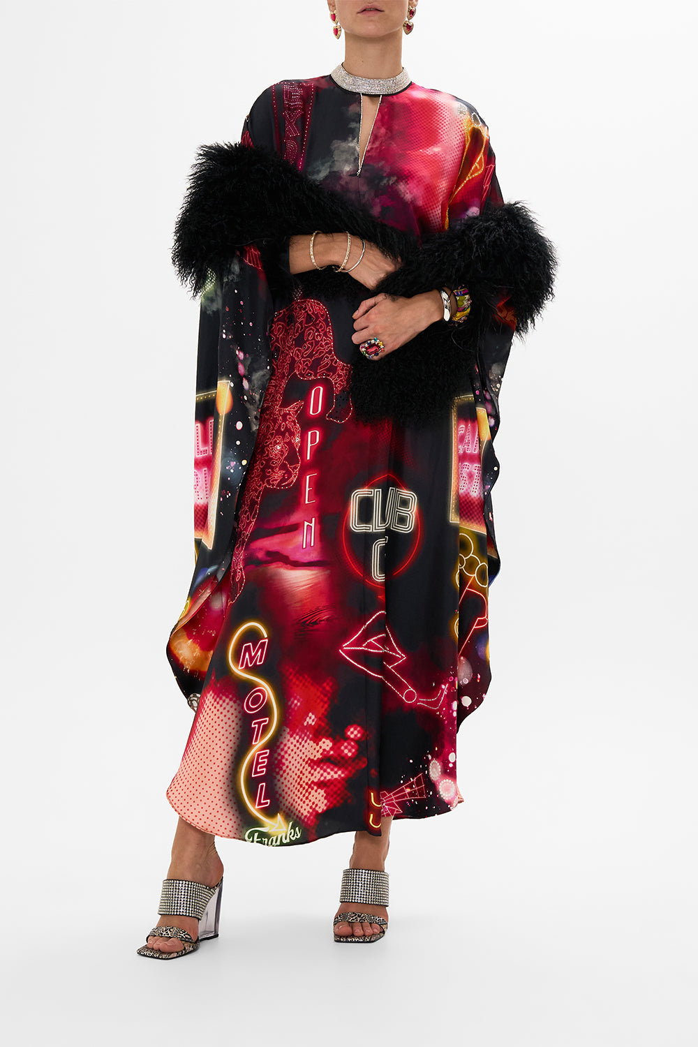 CAMILLA Black Kaftan with High Collar Stand in Electric Loveland