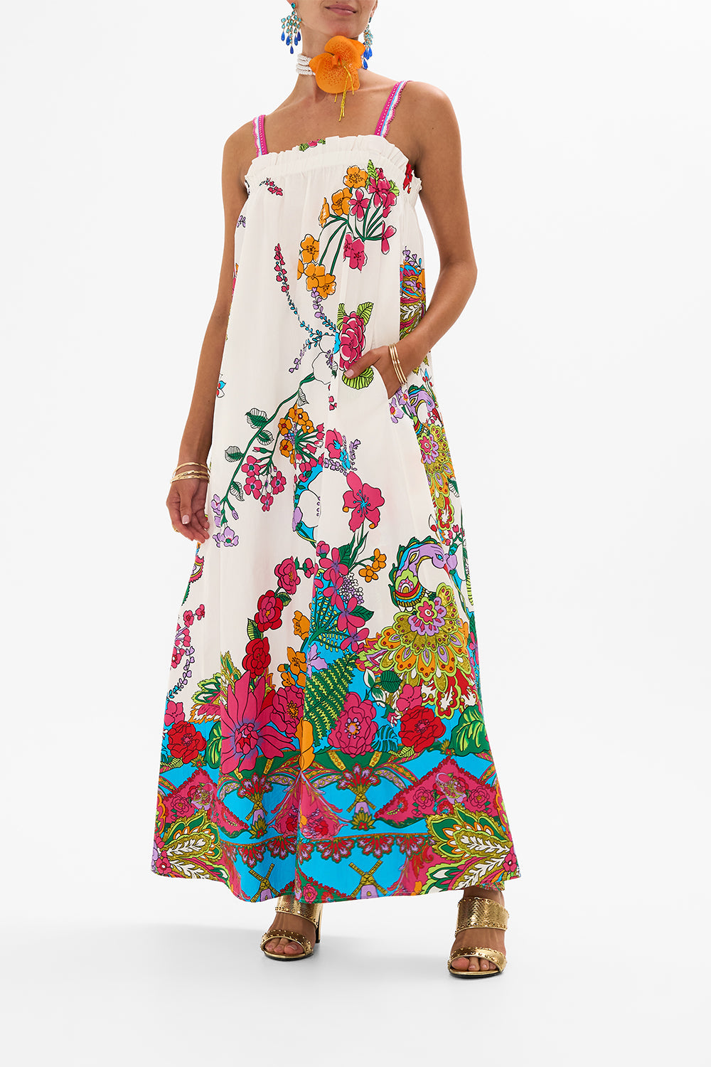 CAMILLA retro floral wide strap sun dress in Cosmic Prairie print