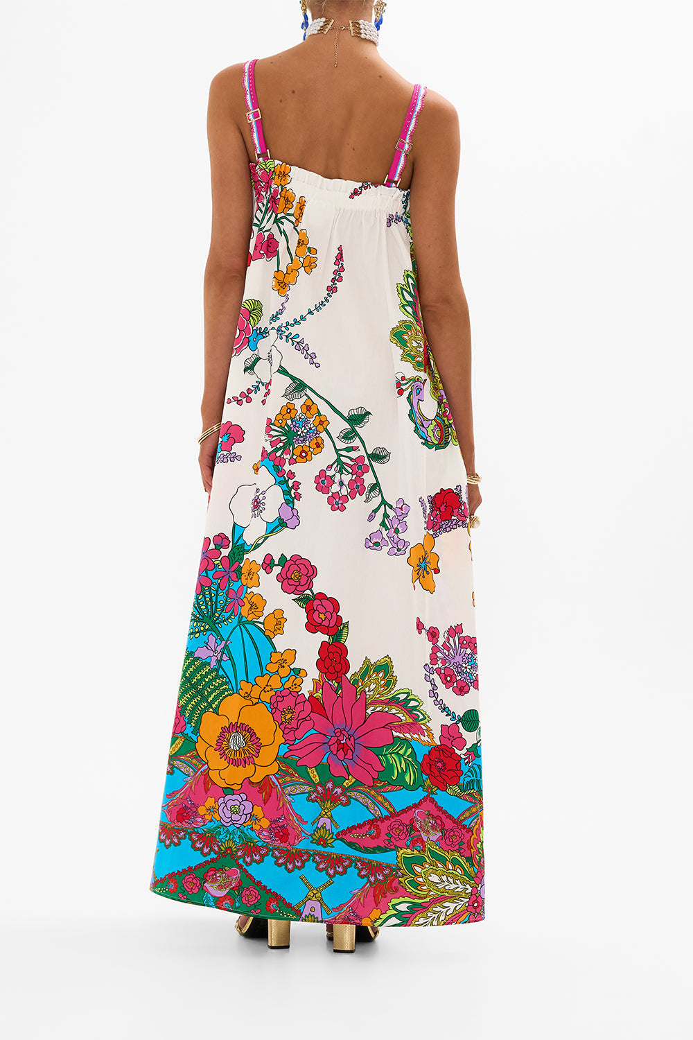 CAMILLA retro floral wide strap sun dress in Cosmic Prairie print