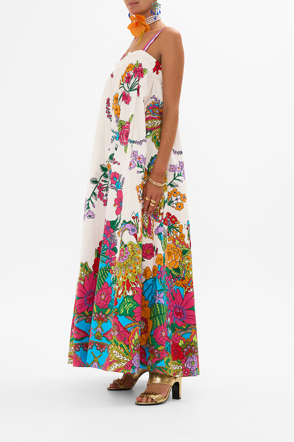 CAMILLA retro floral wide strap sun dress in Cosmic Prairie print