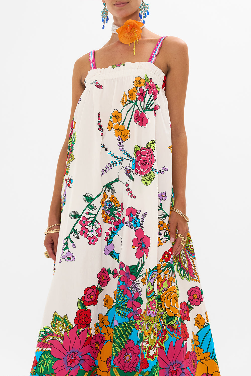 CAMILLA retro floral wide strap sun dress in Cosmic Prairie print