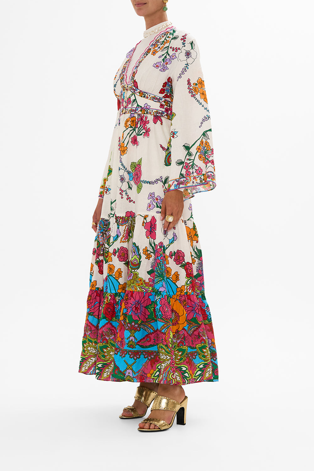CAMILLA Floral Dress with Tiered Skirt in Cosmic Prairie