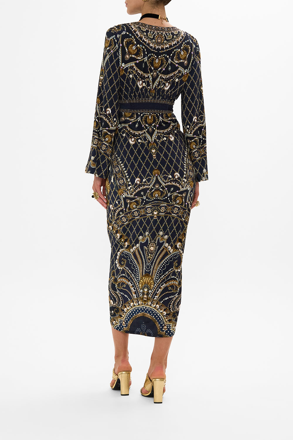 CAMILLA Gold/Black Gathered V-Neck Jersey Dress in Dance with the Duke