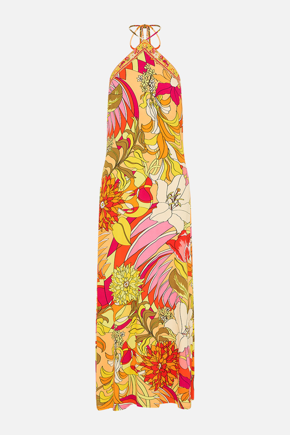 CAMILLA floral long jersey halter dress in The Flower Child Society print.