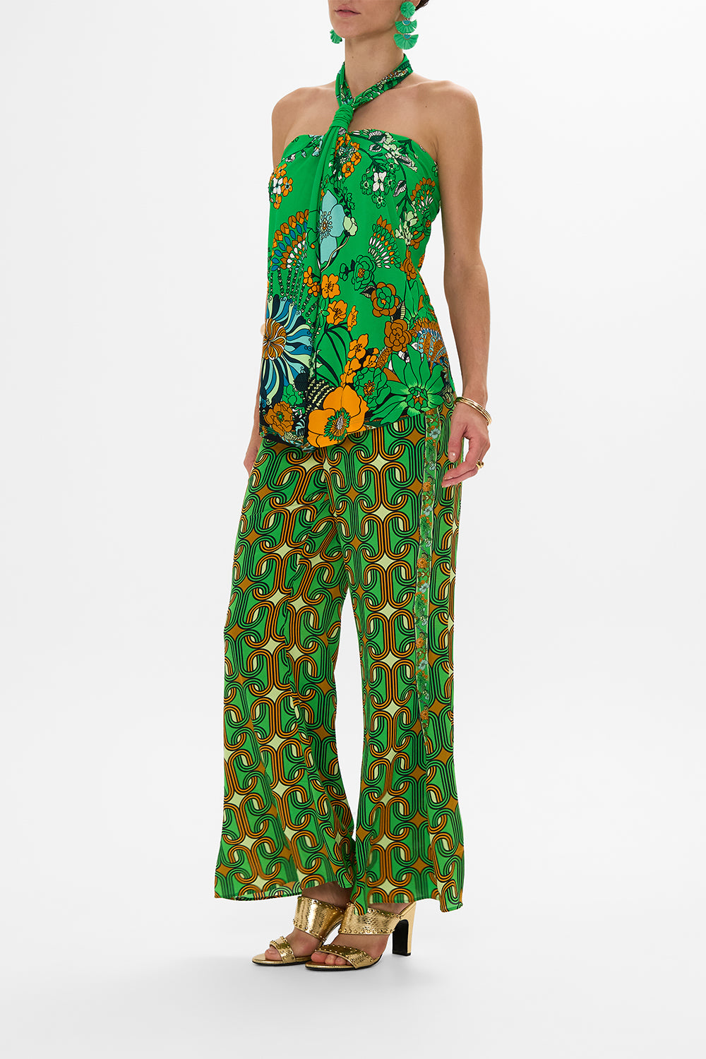 CAMILLA Green Draped Jersey Halter Top in Good Vibes Generation