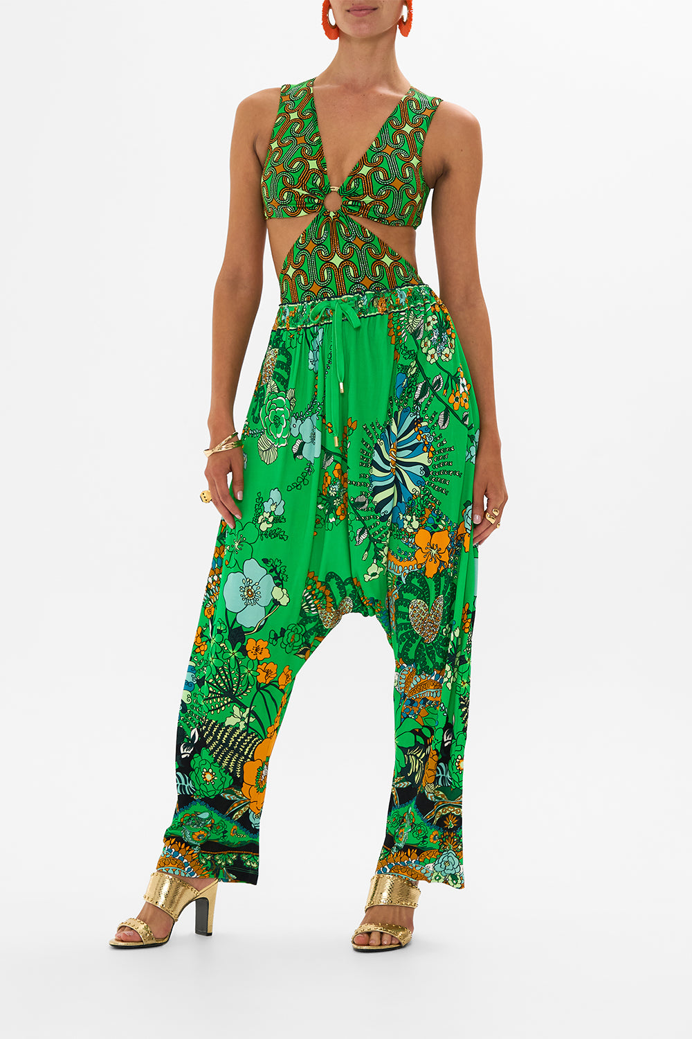 CAMILLA green draped jersey pant in Good Vibes Generation print.