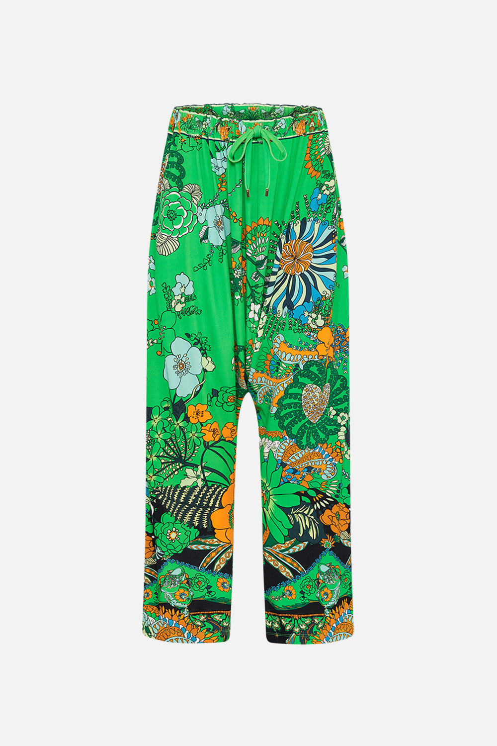 CAMILLA green draped jersey pant in Good Vibes Generation print.