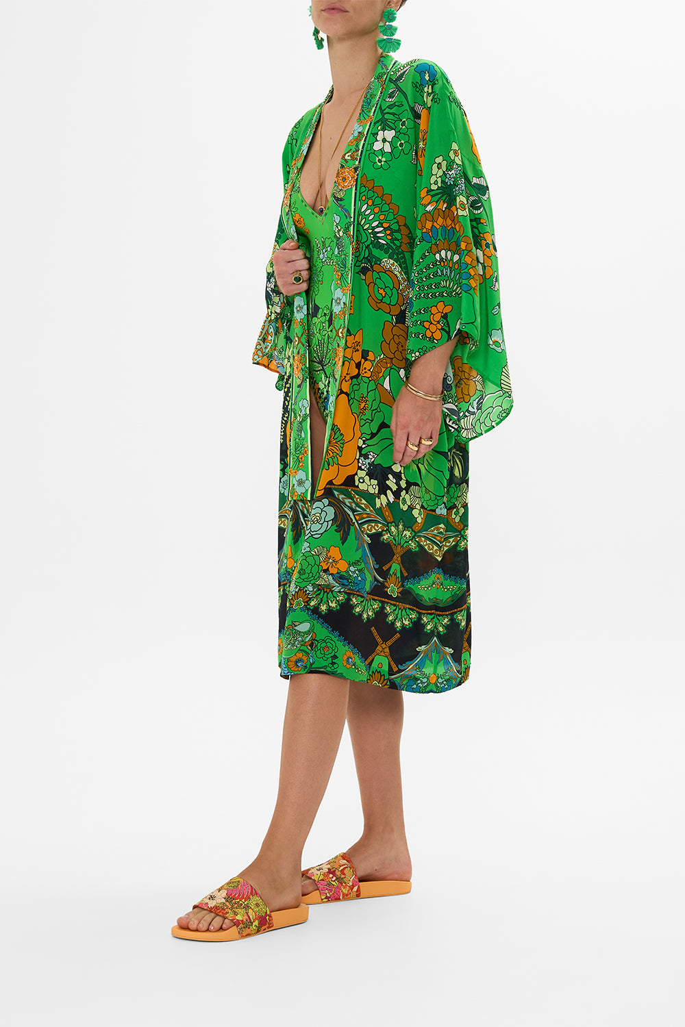 CAMILLA Green Mid Length Kimono Layer with Collar in Good Vibes Generation