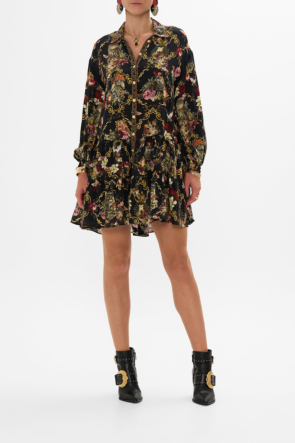 CAMILLA Black Tiered Shirt Dress in Told in the Tapestry