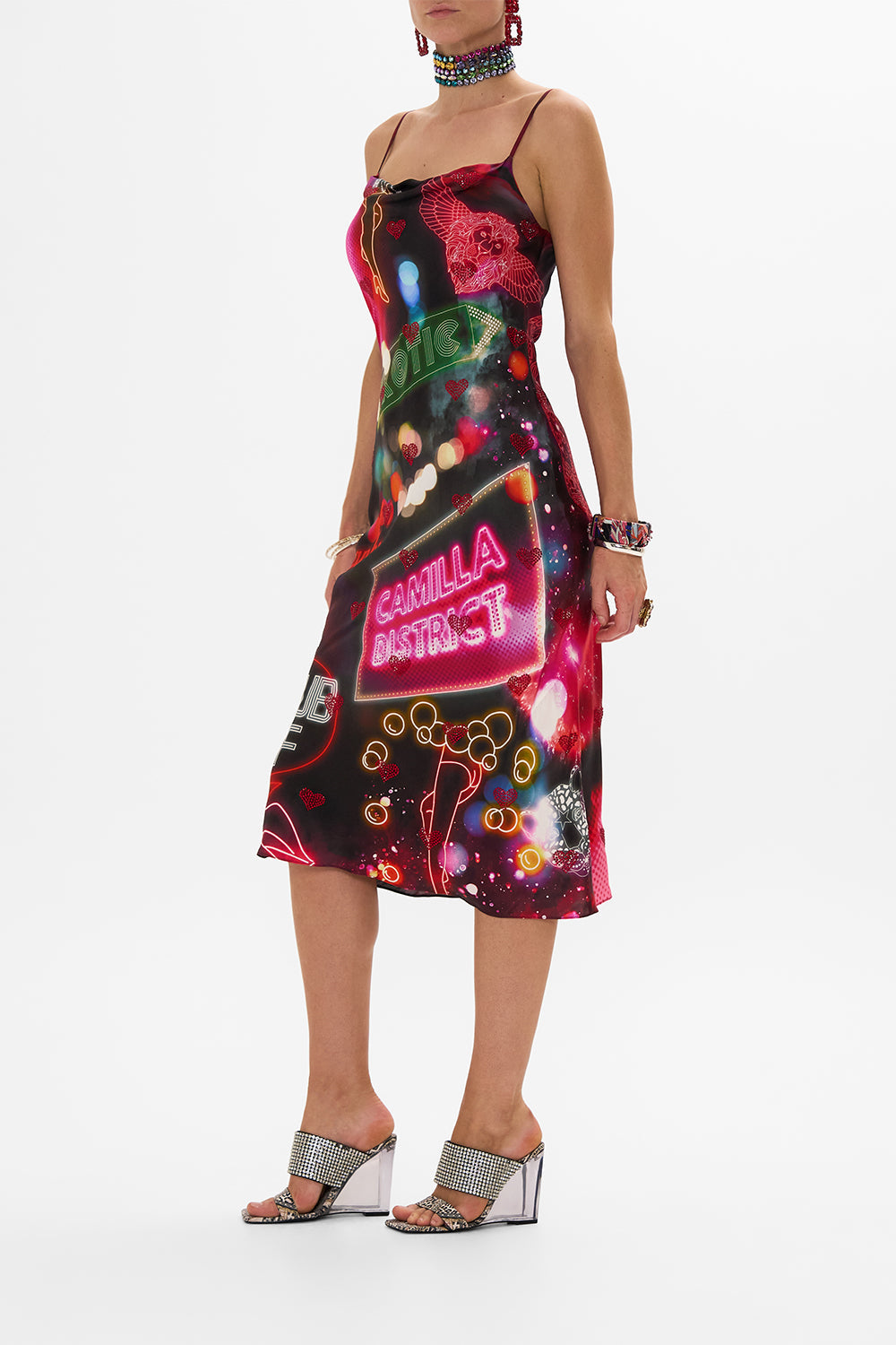 CAMILLA Black Long Bias Slip in Electric Loveland