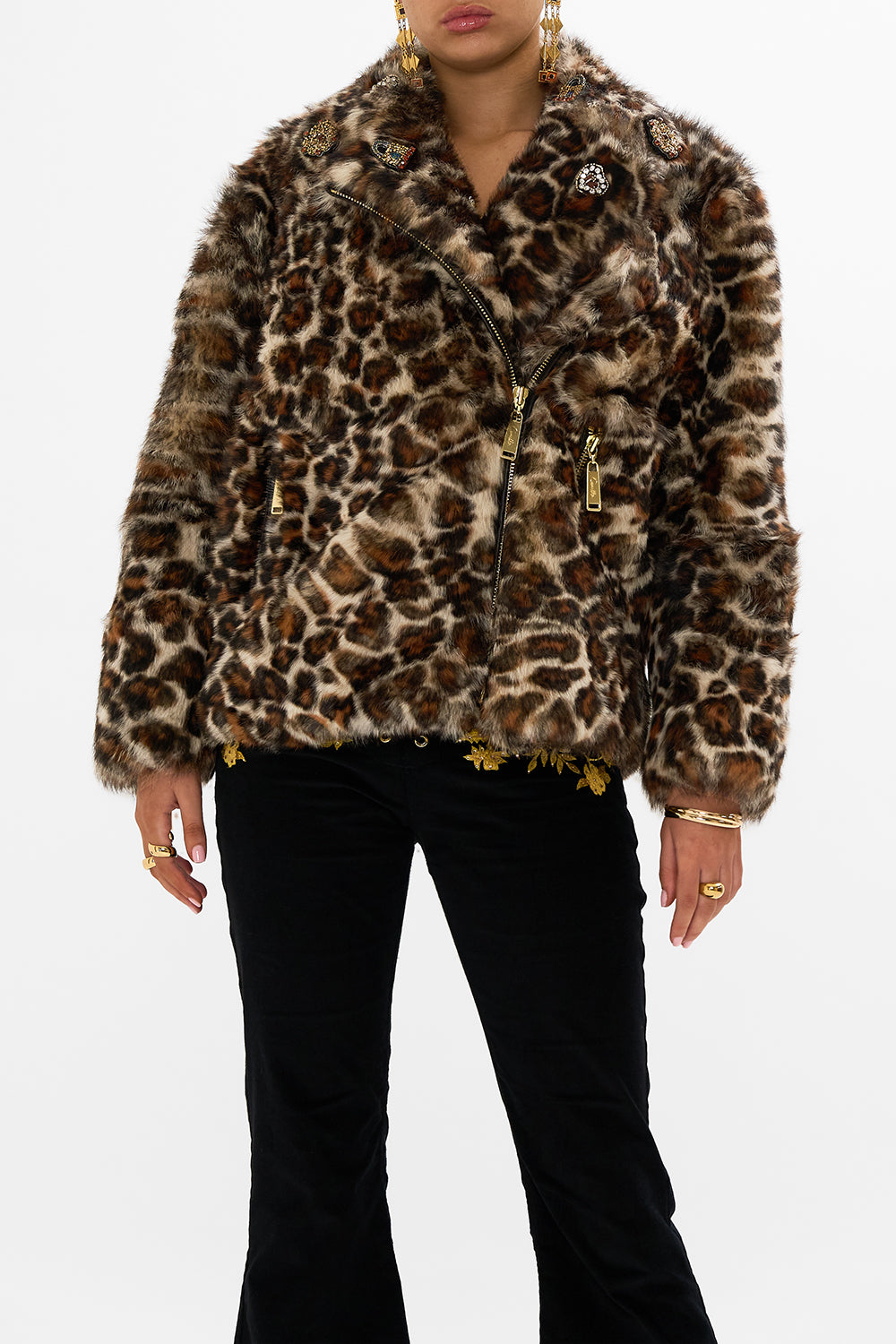 CAMILLA Leopard Oversized Fur Biker Jacket in Born in Bruges