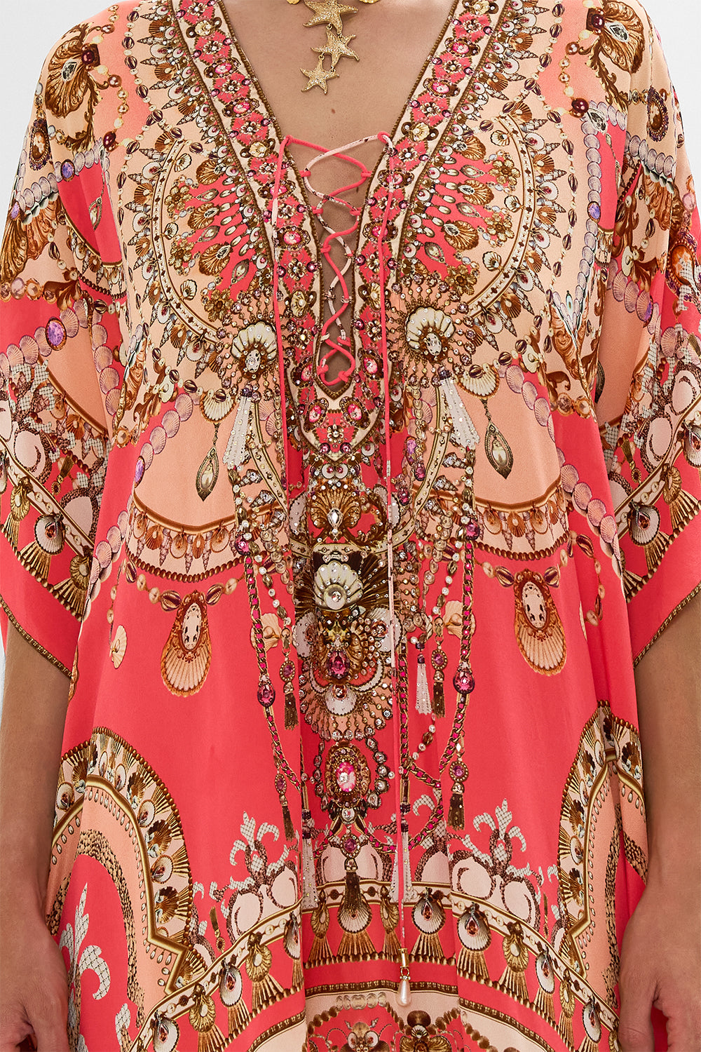 CAMILLA Pink Short Lace Up Kaftan in Shell Games