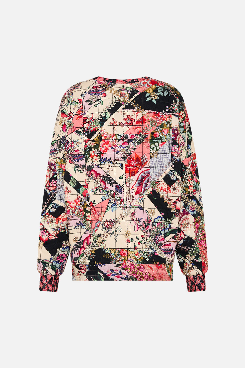 CAMILLA multicolor silk band dropped shoulder sweatshirt in Patchwork Poetry print.