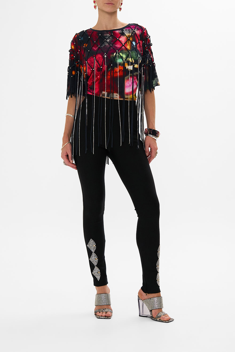 CAMILLA black oversized band tee with embellished overlay in Electric Loveland print.