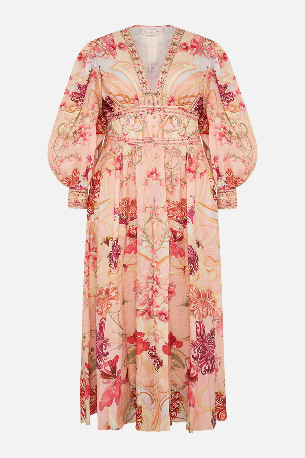 CAMILLA Floral Shaped Waistband Dress with Gathered Sleeves in Blossoms and Brushstrokes print