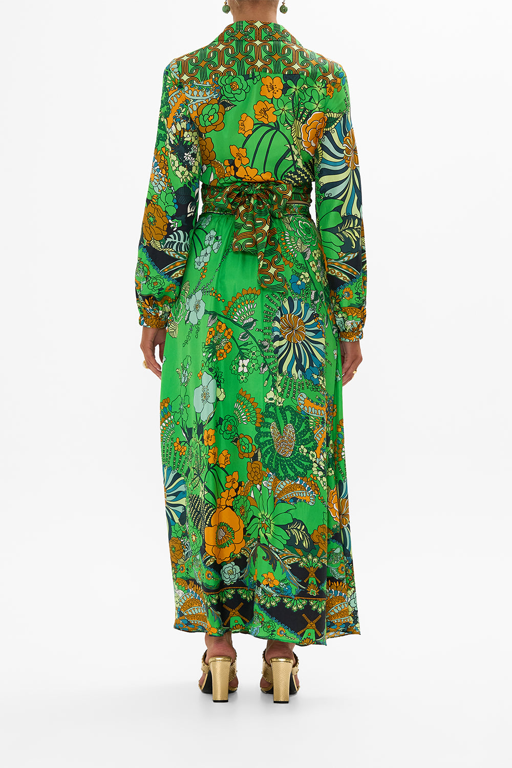 CAMILLA green button through skirt in Good Vibes Generation print.