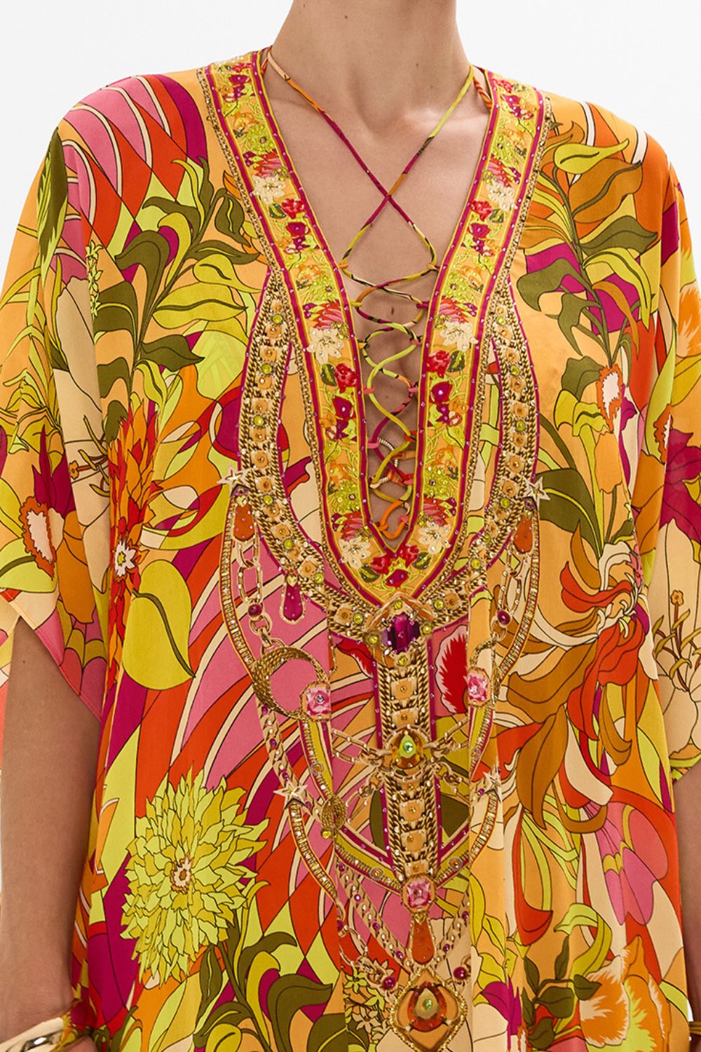 CAMILLA Floral Short Lace Up Kaftan in The Flower Child Society print