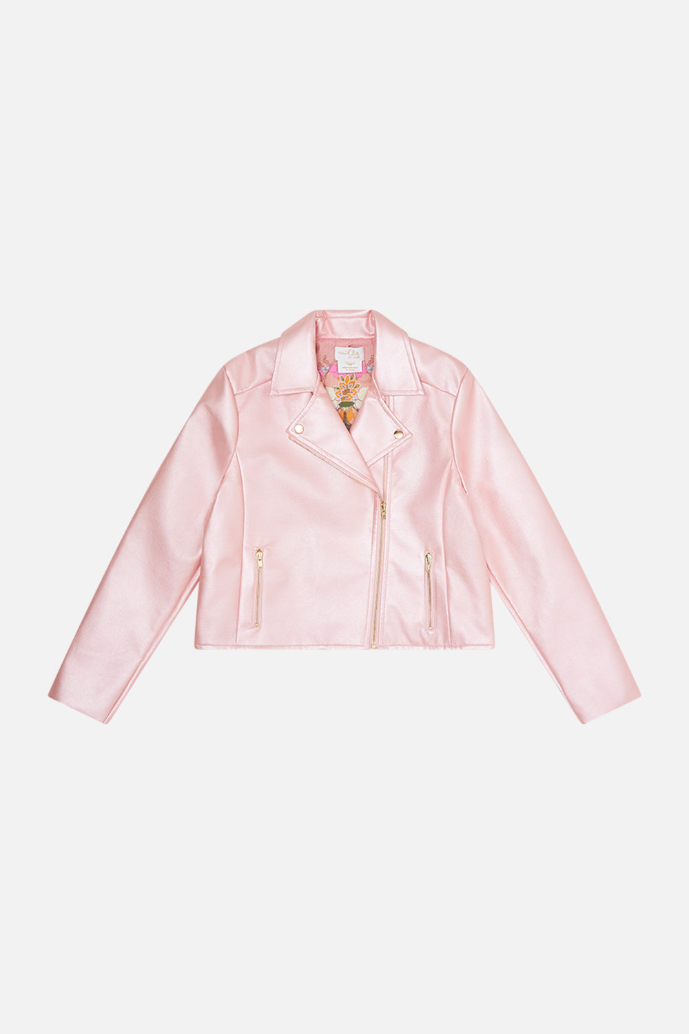 Milla bY CAMILLA kids pink leather jacket in Clever Clogs print