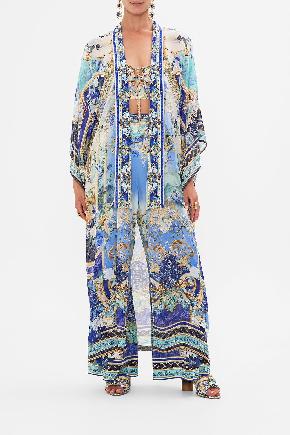 Front view of model wearing CAMILLA silk kimono layer in Views Of Vesuvius print