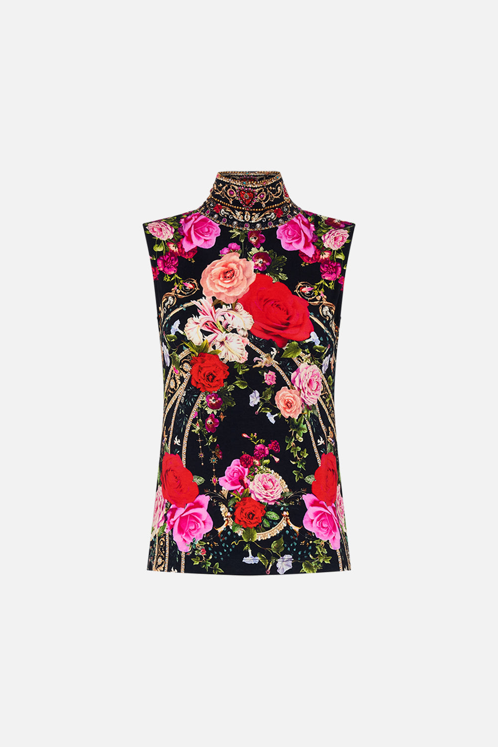 CAMILLA jersey sleeveless turleneck top in Reservation For Love print