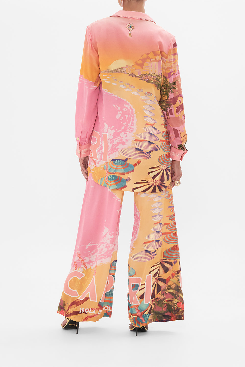 Back view of model wearing CAMILLA silk jacket in Capri Me print