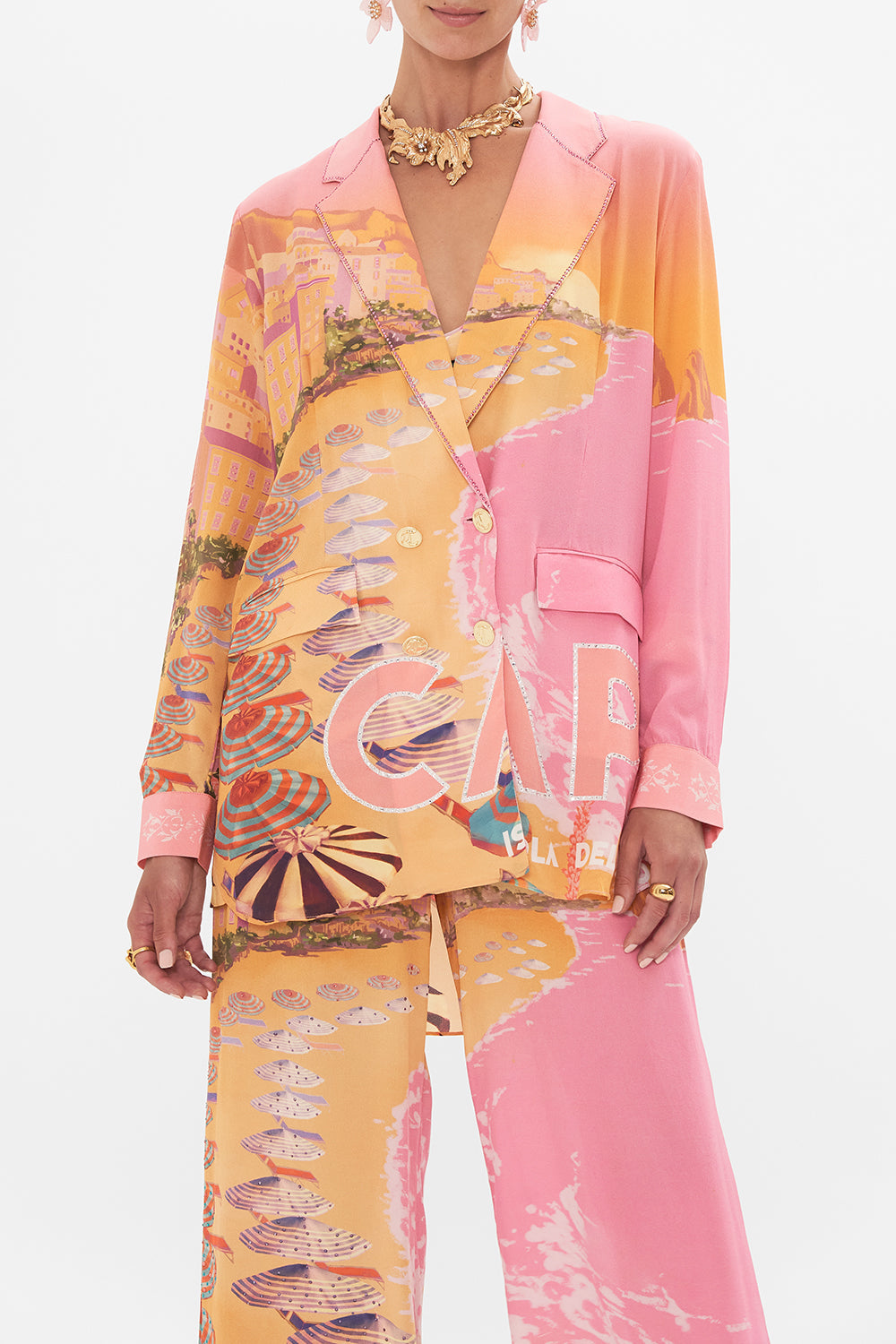 Crop view of model wearing CAMILLA silk jacket in Capri Me print