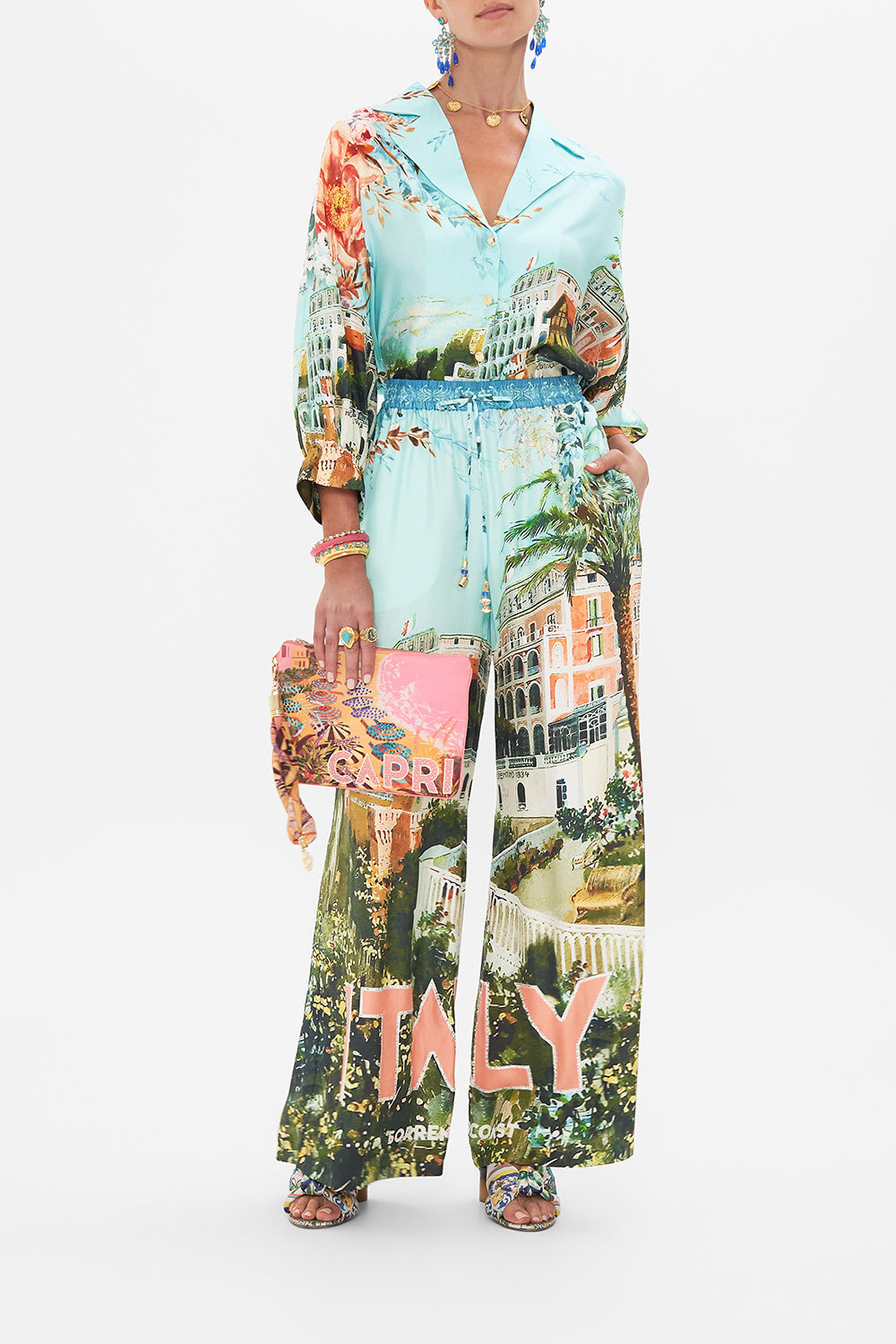 Front view of model wearing CAMILLA silklounge pant in From Sorrento With Love print