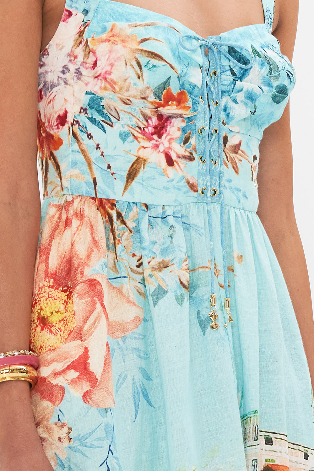 Detail view of model wearing CAMILLA bustier dress in From Sorrento With Love print