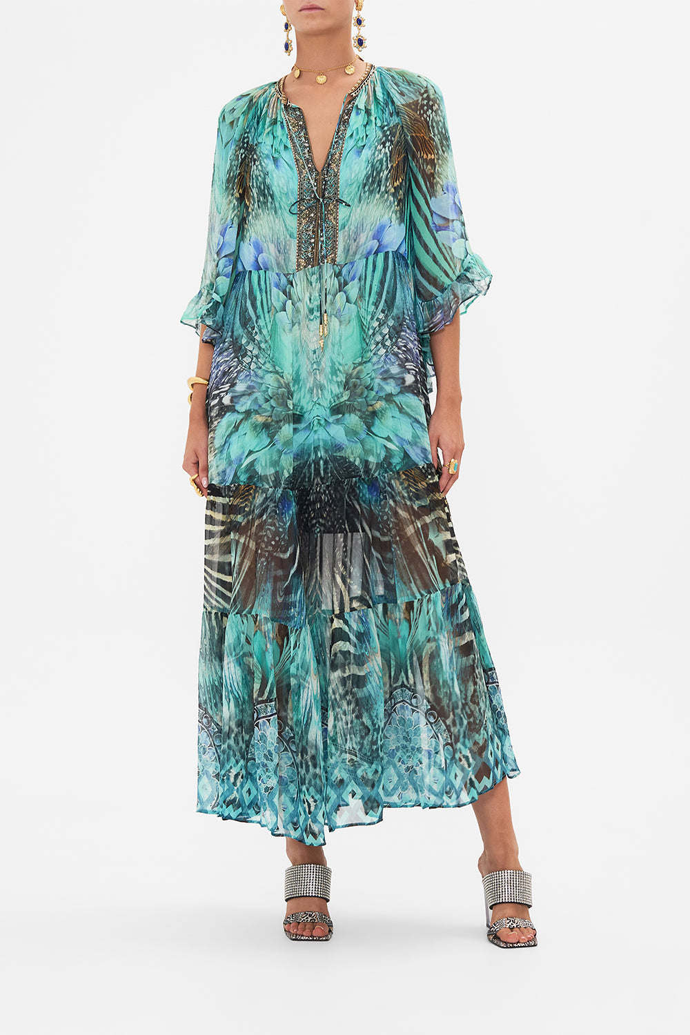 Front view of model wearing CAMILLA silk dress in Azure Allure