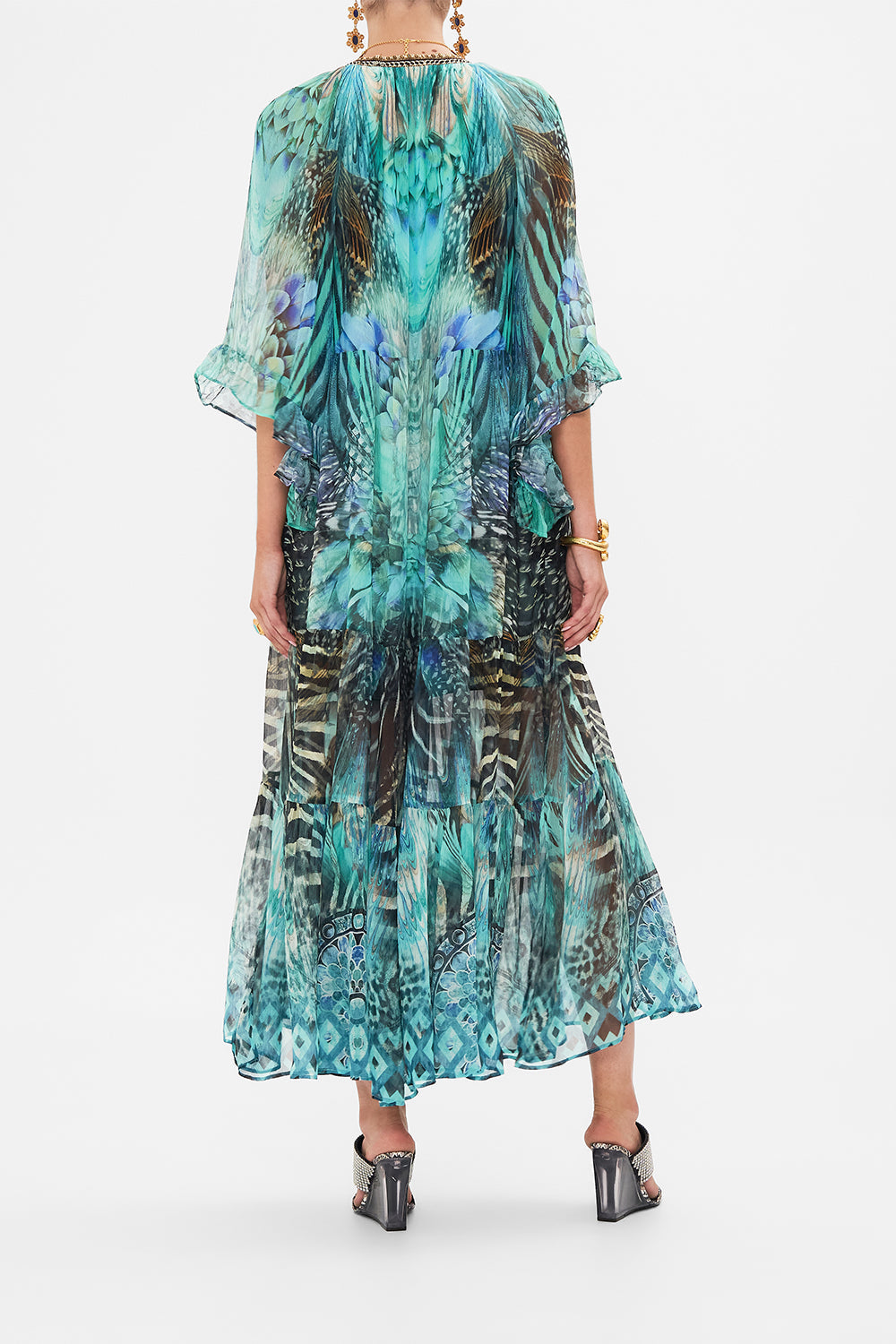 Back view of model wearing CAMILLA silk dress in Azure Allure