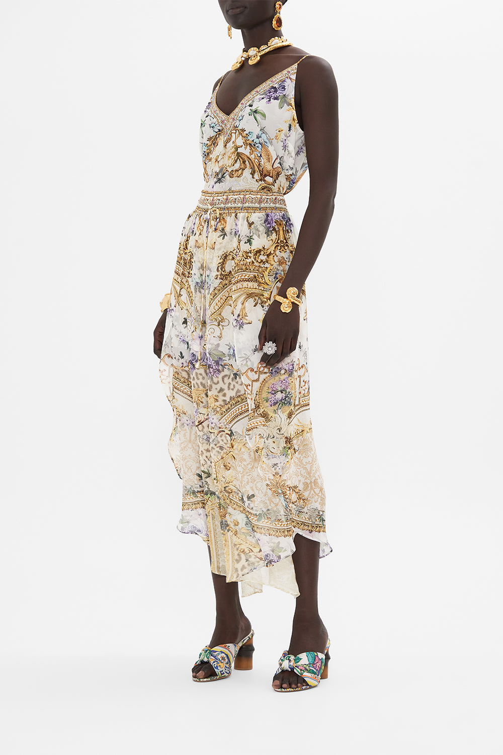 Side view of model wearing CAMILLA silk culotte pants in Palazzo Play Date print