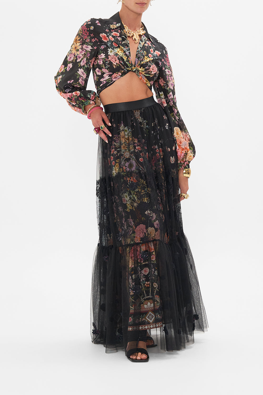 Detail view of model wearing CAMILLA cropped shirt in :etters From A Vineyard print