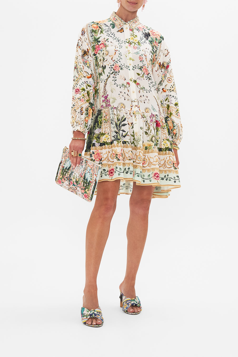 Front view of model wearing CAMILLA silk shirt dress in Renaissance Romance print