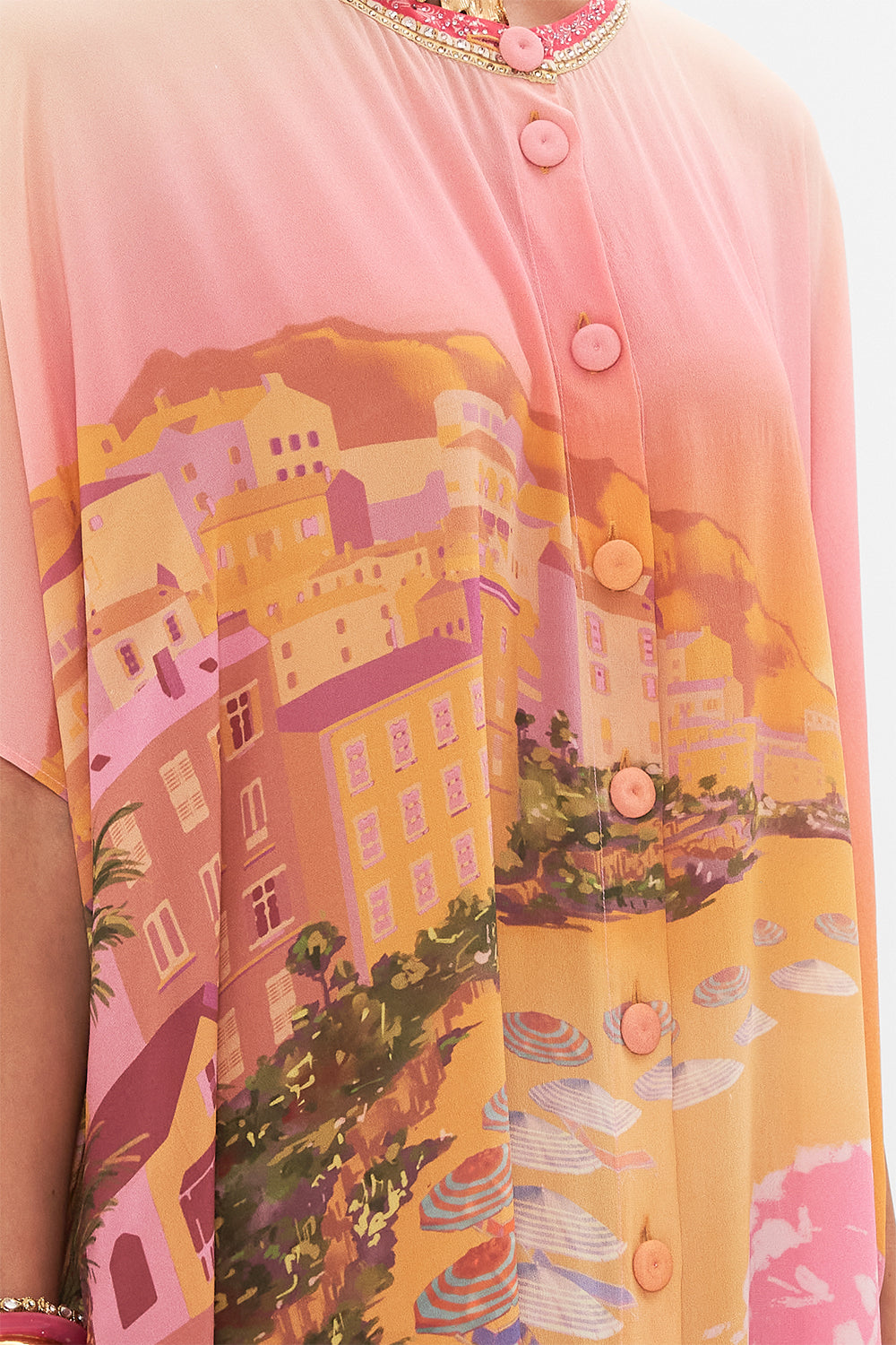 Detail view of model wearing CAMILLA silk kaftan in Capri Me print