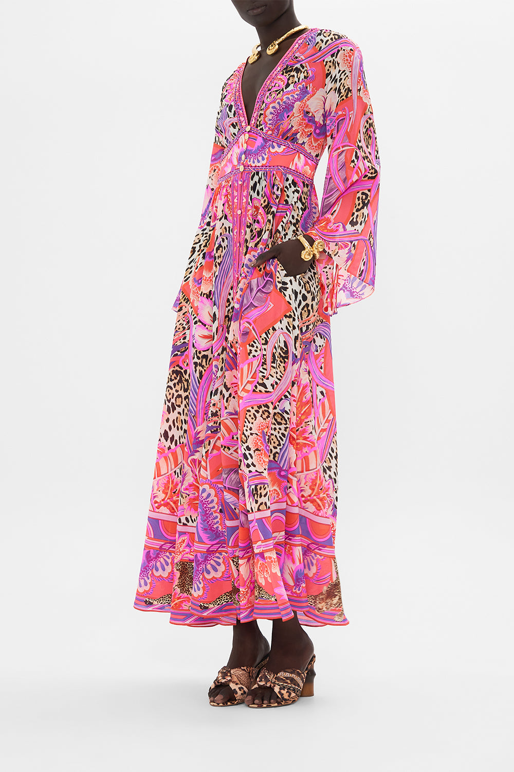 Side view of model wearing CAMILLA silk wide sleeve dress in Viola Vintage print