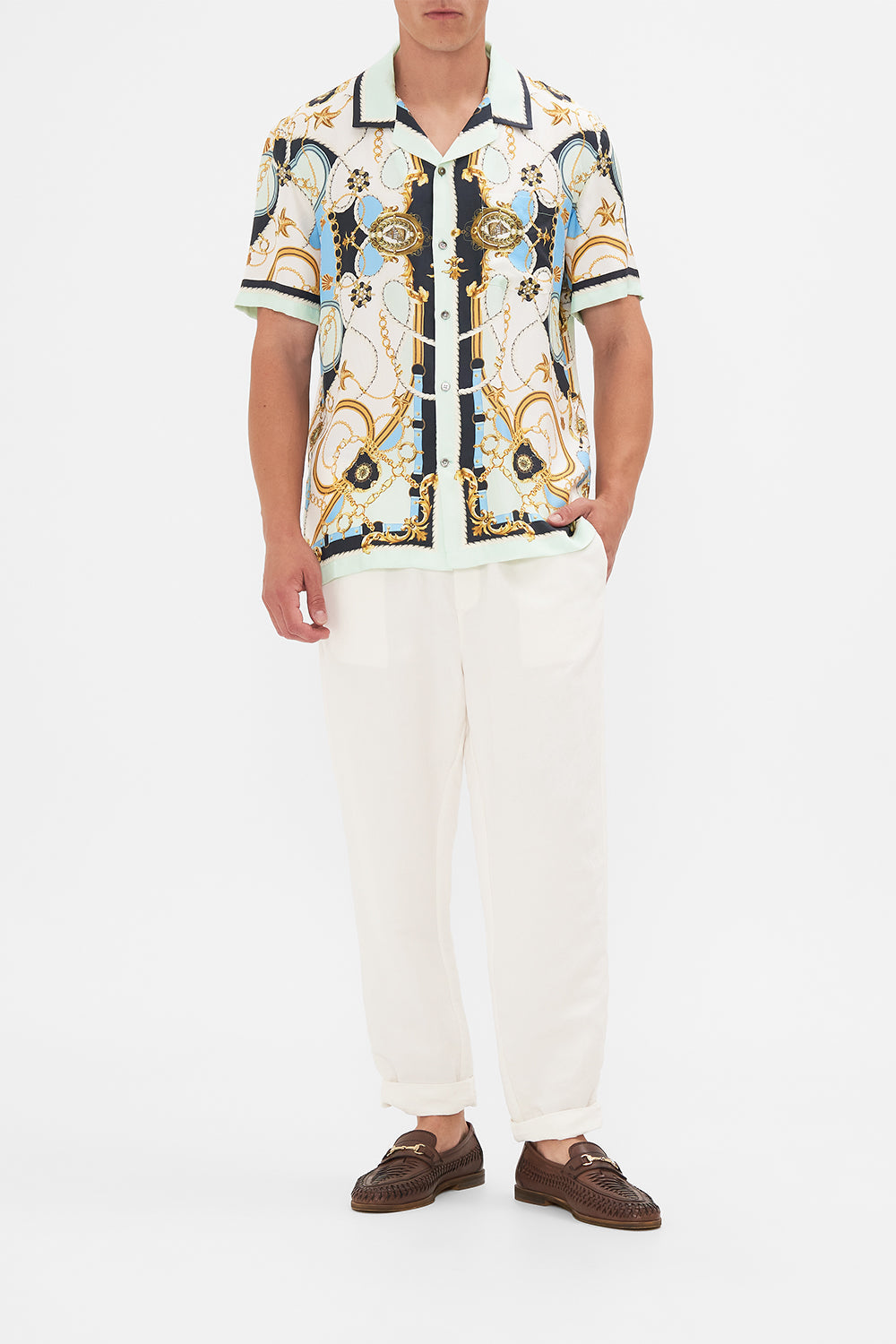 Front view of model wearing Hotel Franks By CAMILLA mens shirt Sea Charm print