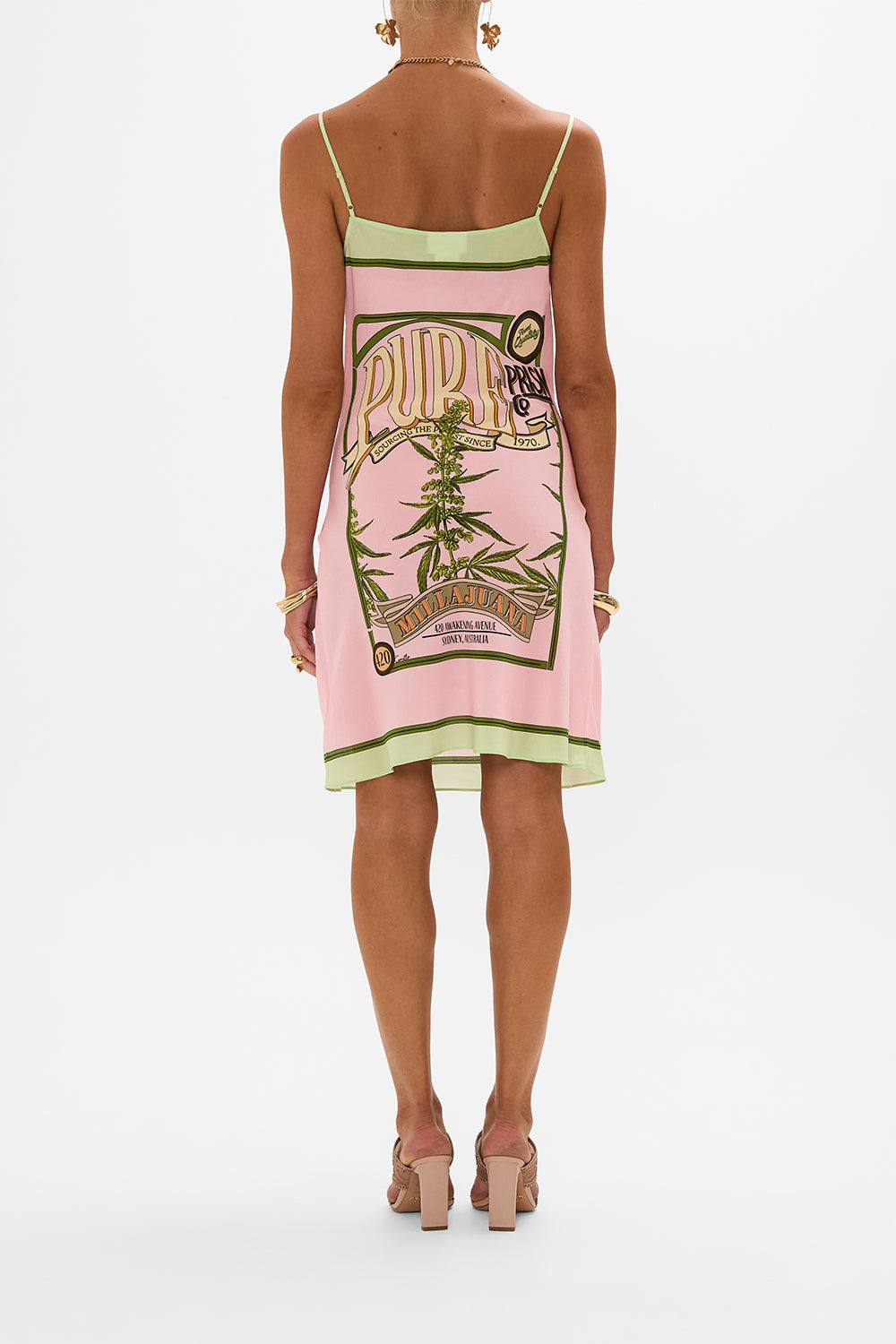 CAMILLA silk bias slip dress in Let's Chase Rainbows print