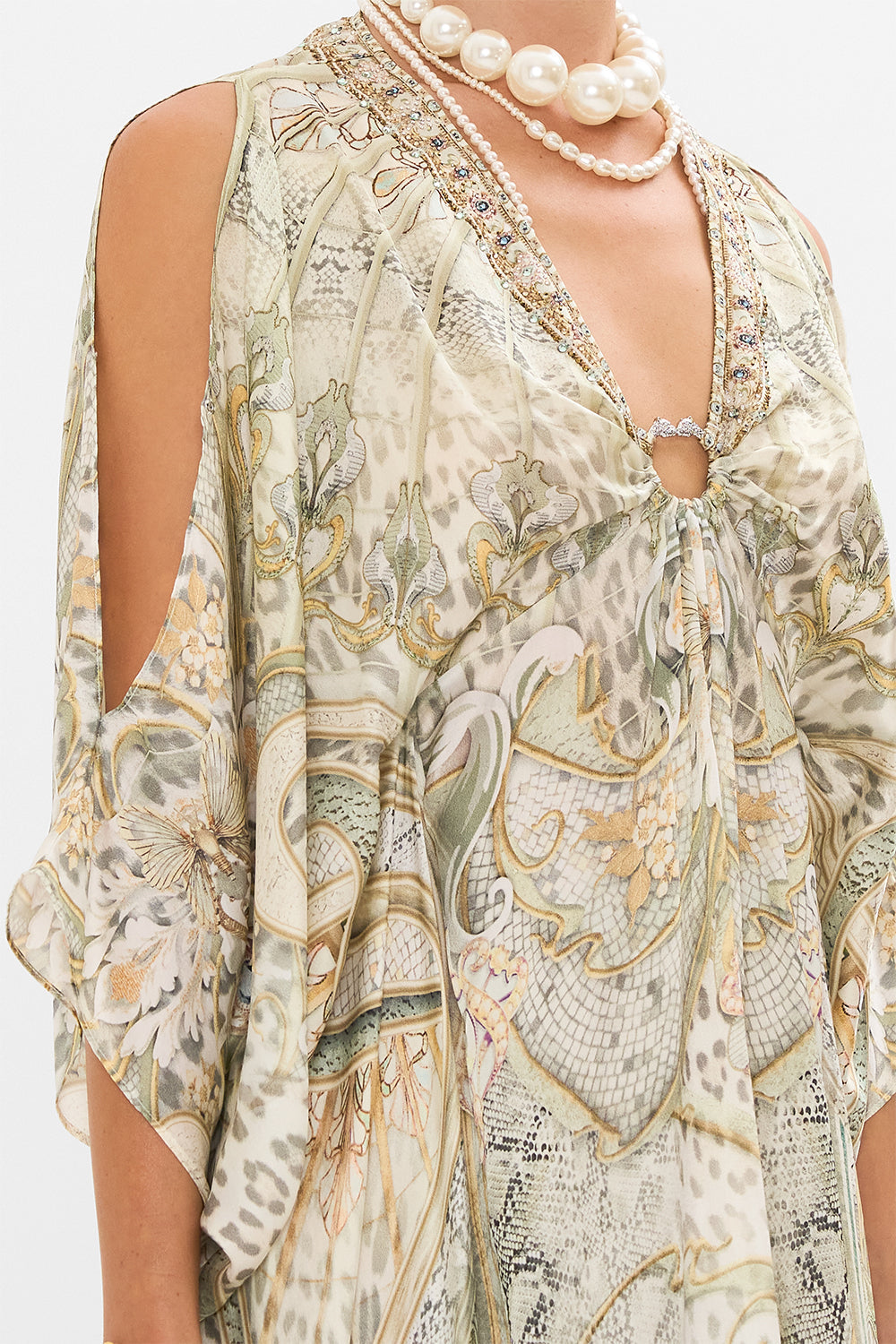 CAMILLA silk kaftan in Ivory Tower Tales print