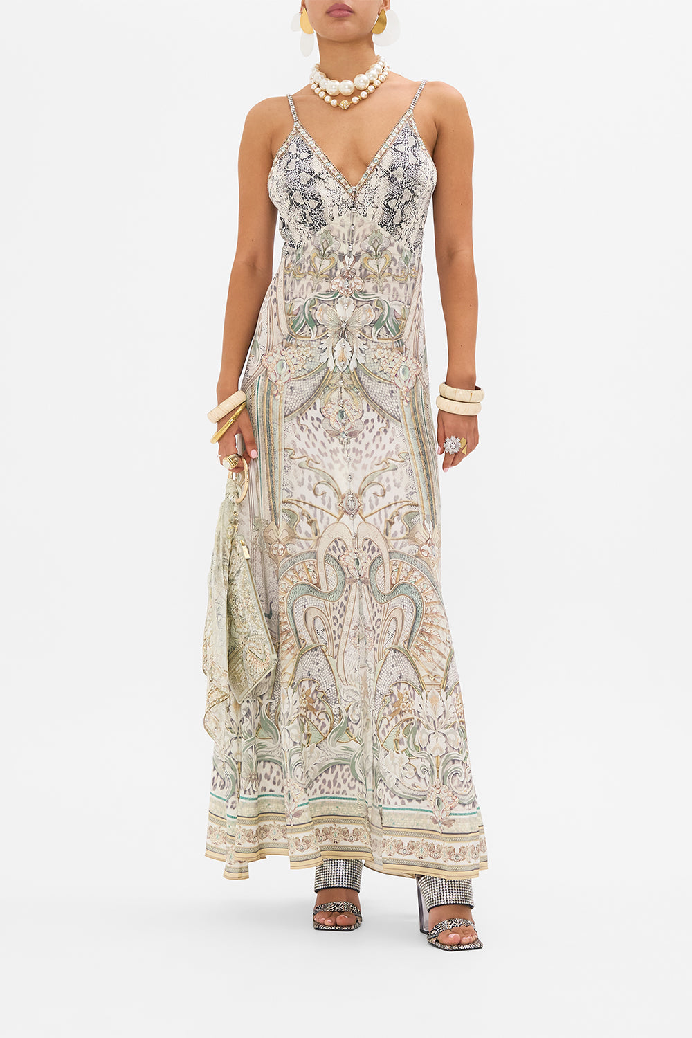 CAMILLA silk dress in Ivory Tower Tales print