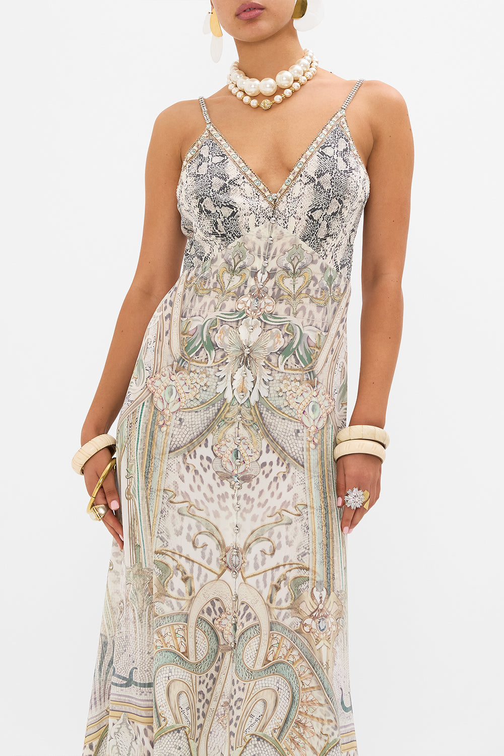 CAMILLA silk dress in Ivory Tower Tales print