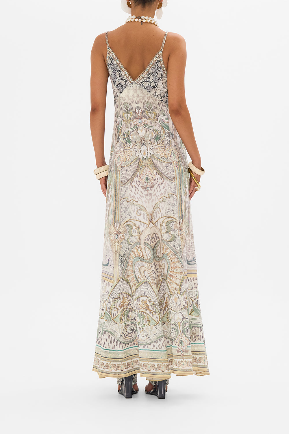 CAMILLA silk dress in Ivory Tower Tales print