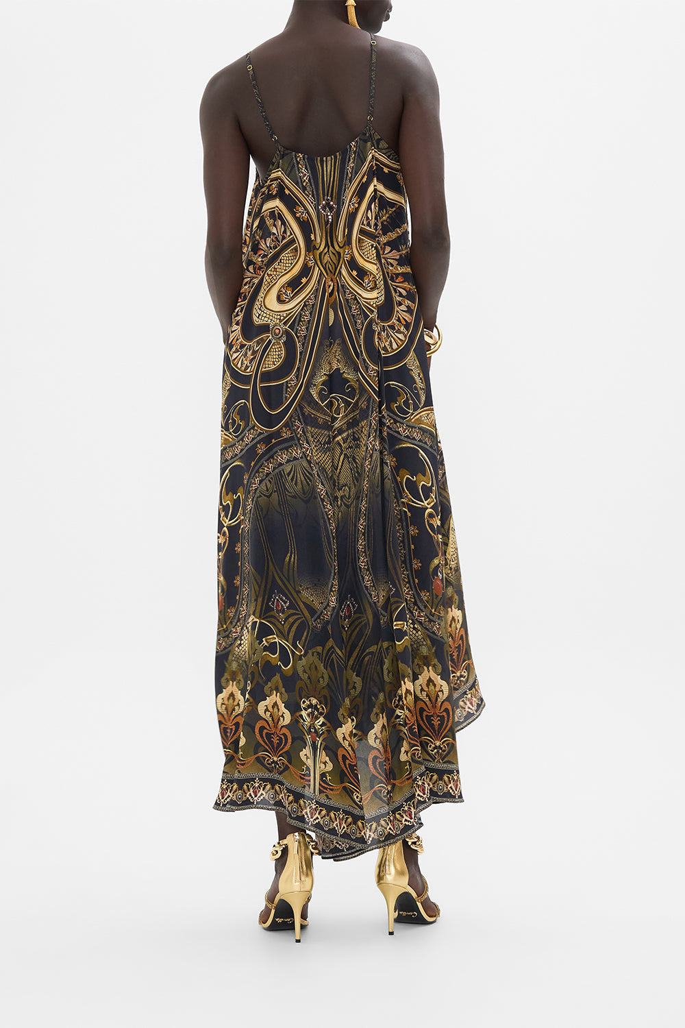 CAMILLA silk maxi dress in Nouveau Noir print