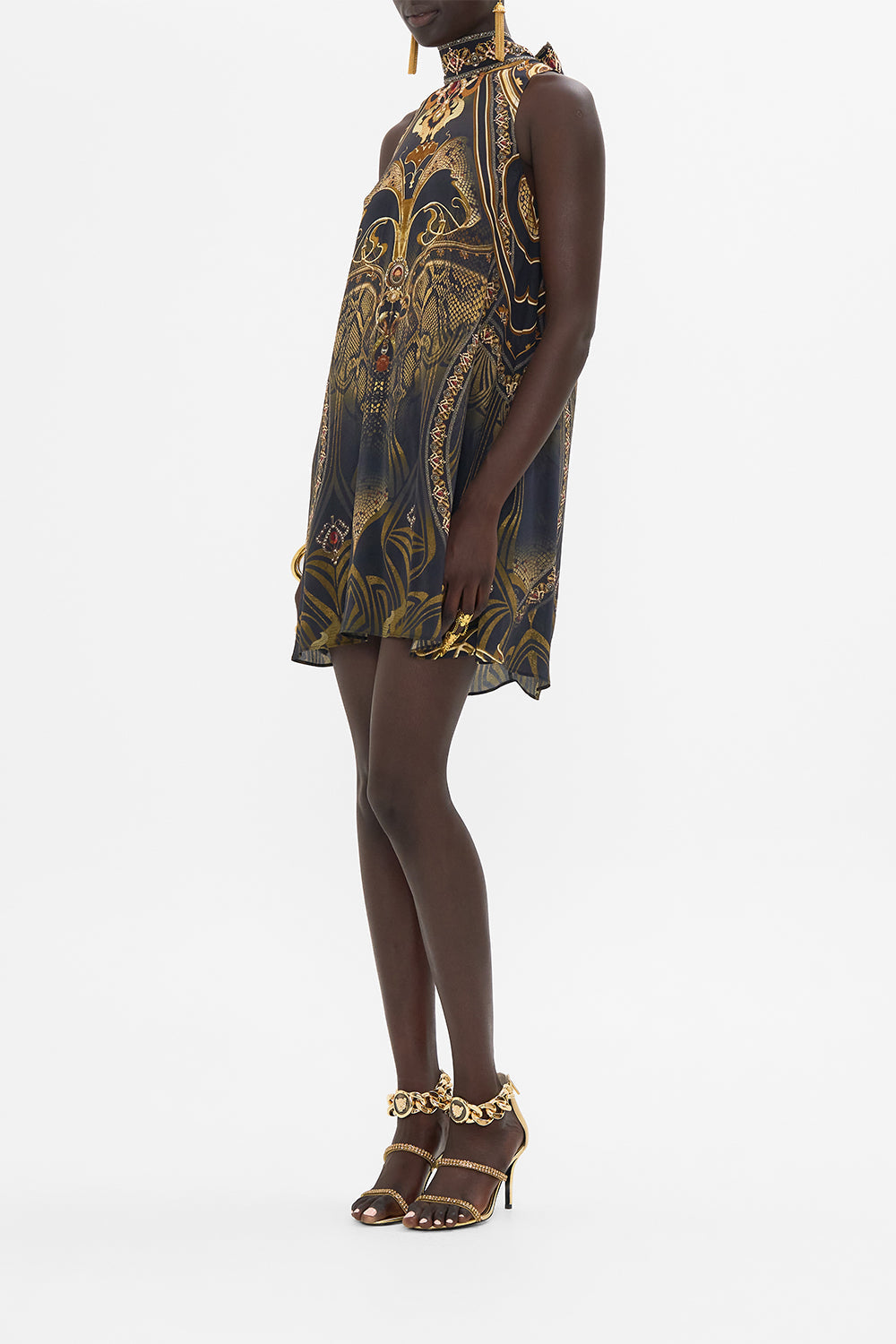 CAMILLA silk mini dress in Nouveau Noir print